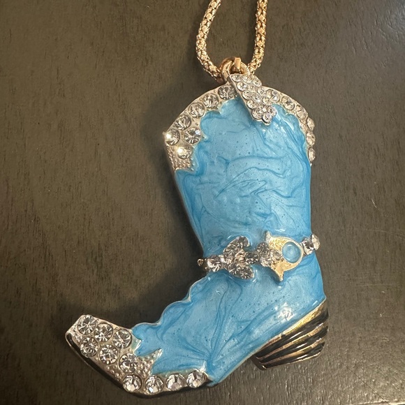 Betsey Johnson Blue Enamel Cowboy Boot Necklace Gold Tone Chain - Picture 2 of 5